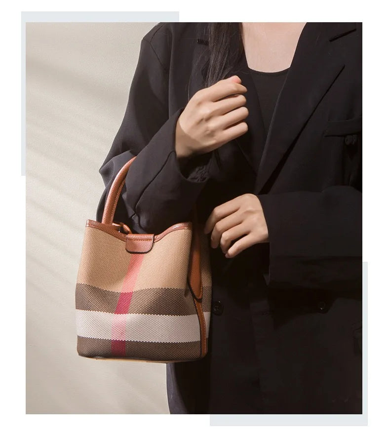Plaid Pattern Handbag Bucket Tote for Women, Fashionable and Versatile for Commuting, Can Be Worn as a Shoulder or Crossbody Bag