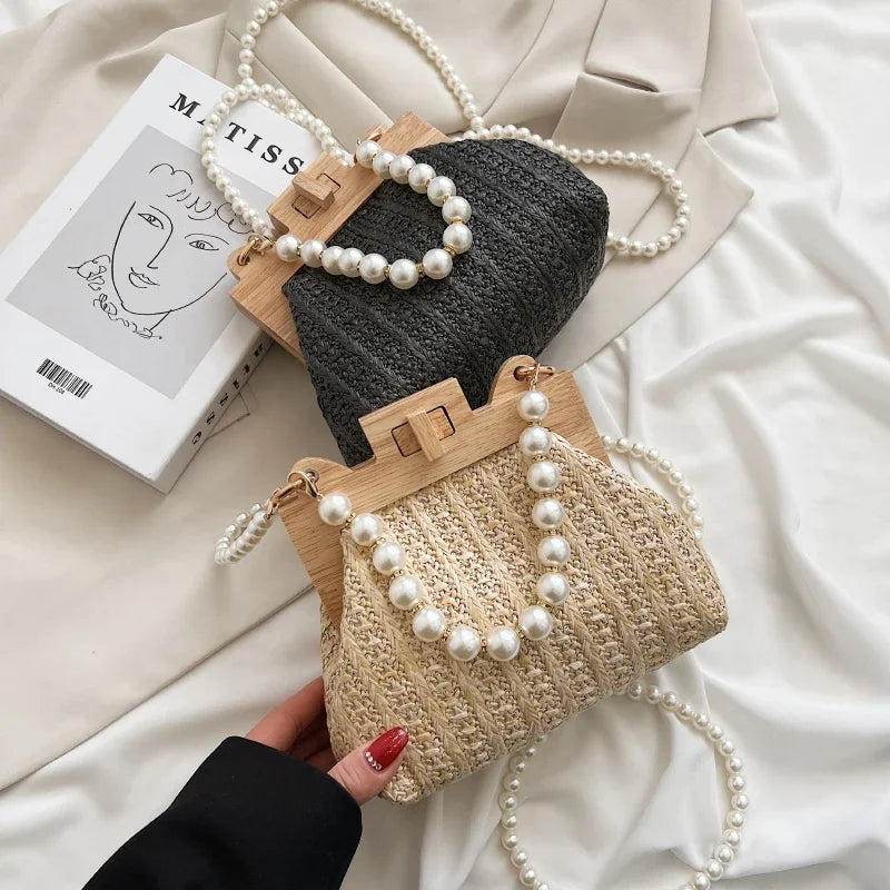 Fashion Weave Straw Shoulder Bag for Women New Summer Wooden Top Handle Clip Bag Luxury Designer Handbags Trend Female Handbag