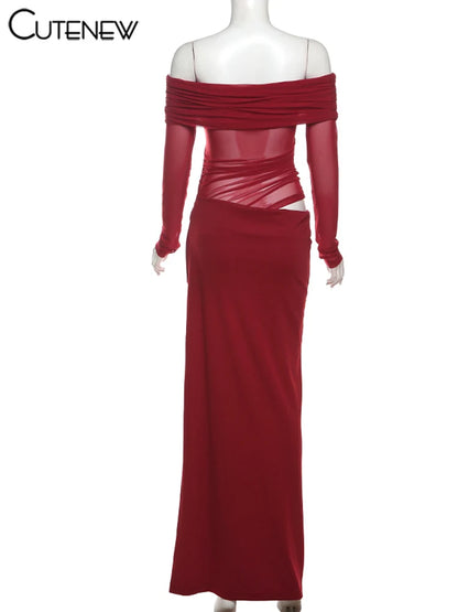 Cutenew Mesh Ruched Women Maxi Dress Sexy See Through Off Shoulder Long Sleeve Sheath Vestidos Female Midnight Party Solid Robe