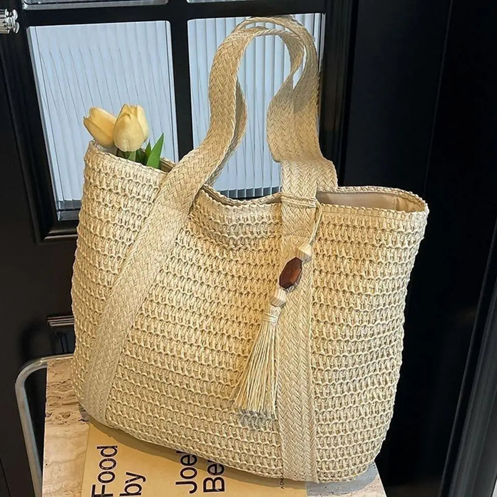 Straw Woven Shoulder Bags for Women Summer Beach Handbag with Tassel Female Fashion Handbag in Khaki Beige