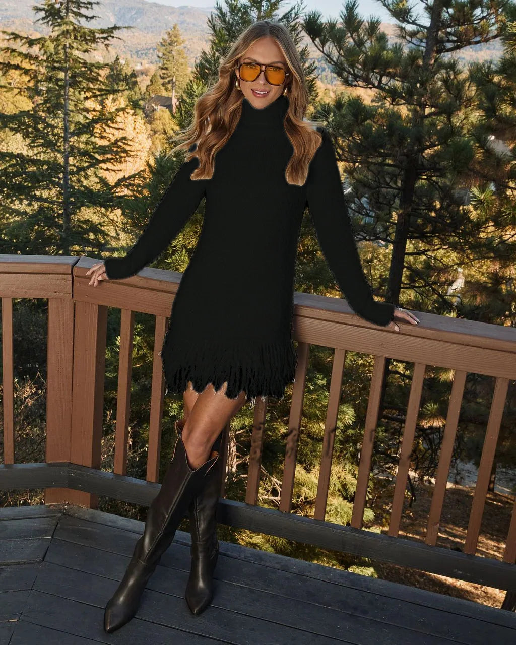 Knitted Dresses 2025 Woman High Neck Vestidos Tassel Sweater Pulls Femmes Keep Warm Homewear Solid Color Temperament Commuting