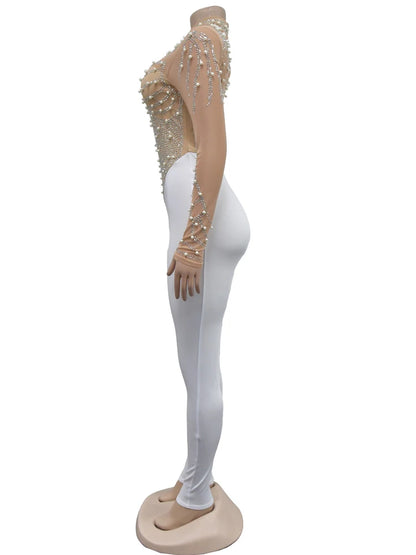 Beyprern Women's Sheer Mesh Crystal Jumpsuits One Piece Outfits Glam Fitted Long Sleeve Pearls Rhinestone Rompers Club Overalls