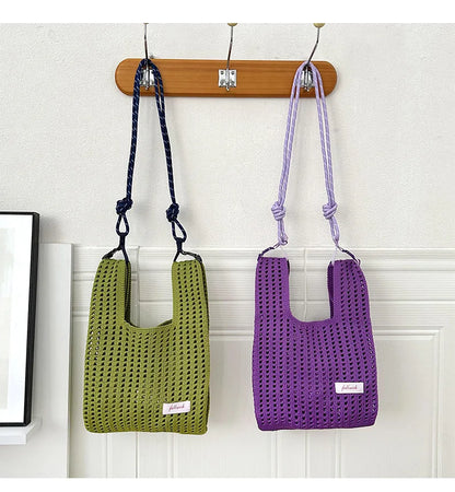 Handmade Knit Handbag Women Mini Knot Wrist-bag Female Casual Color Wide Stripe Plaid Tote Bag Student Reusable Shopping Bag