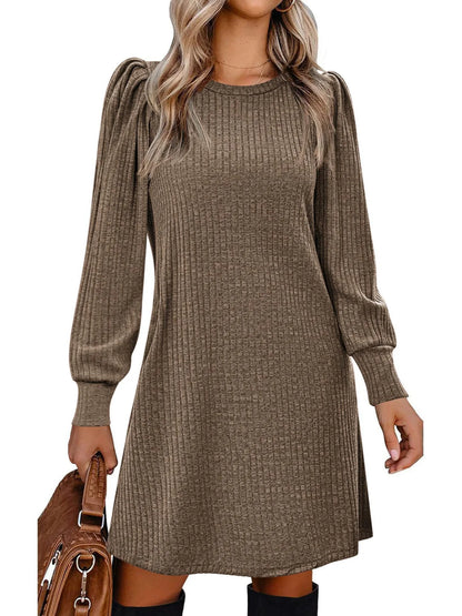 Elegant Dresses for Woman Ribbed Knit Sweater Dress Round Neck Puff Long Sleeves Casual Warm for Autumn and Winter