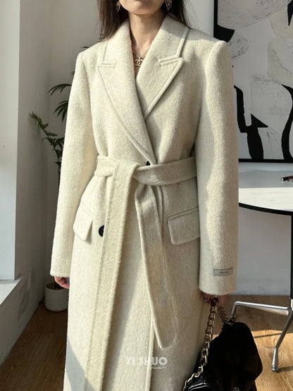 2025 New Women Elegant White Long Below The Knee Woolen Coat Winter Female High Sense Fashion Double-breasted Thicken Outwear
