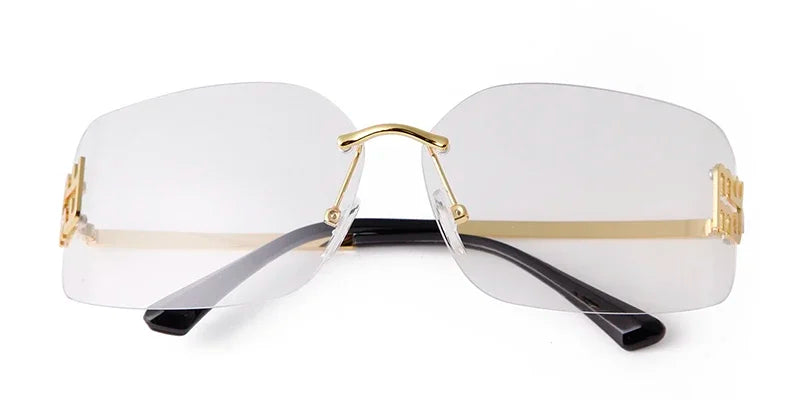Luxury Metal Rimless Sunglasses Women Brand Design Rivets Letter Rectangle Curved Shades Funky Classic Sun Glasses Female