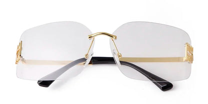 Luxury Metal Rimless Sunglasses Women Brand Design Rivets Letter Rectangle Curved Shades Funky Classic Sun Glasses Female