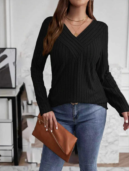Woman Clothes V Neck Ribbed Knit Sweater Long Sleeve Loose Fit Casual Pullover Tops with Multiple Colors