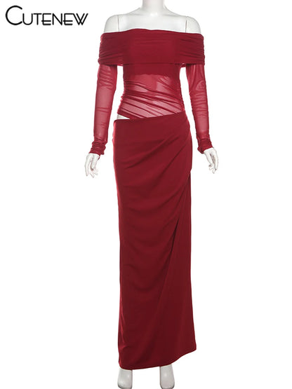Cutenew Mesh Ruched Women Maxi Dress Sexy See Through Off Shoulder Long Sleeve Sheath Vestidos Female Midnight Party Solid Robe