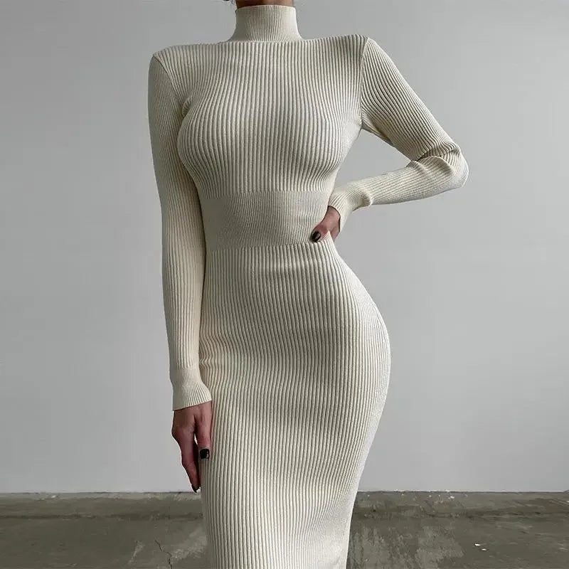 Women Knitted Dress Elegant Fashion White Turtleneck Bodycon Midi Dresses Female Autumn Winter Long Sleeve Slim Streetwear Dress