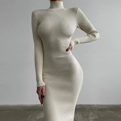 Women Knitted Dress Elegant Fashion White Turtleneck Bodycon Midi Dresses Female Autumn Winter Long Sleeve Slim Streetwear Dress