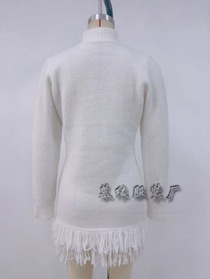 Knitted Dresses 2025 Woman High Neck Vestidos Tassel Sweater Pulls Femmes Keep Warm Homewear Solid Color Temperament Commuting
