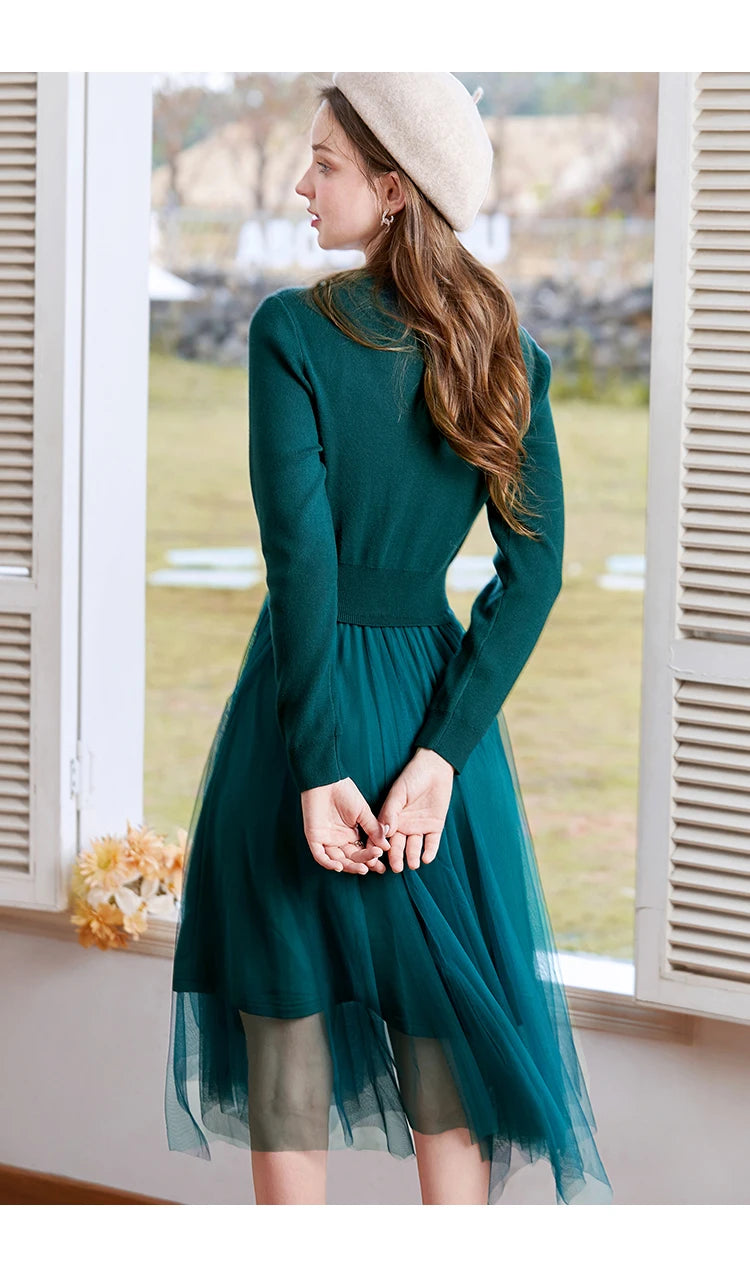 I BELIEVE YOU Dresses for Women 2025 Spring Retro V-neck Pullover Knitted Long Sleeve Patchwork Gauze Woman Clothes 2214133903