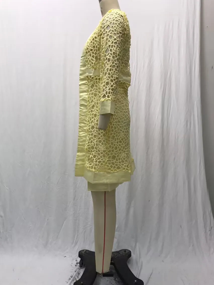 Wein Lace Cardigan Dress with Two Coats Lady Female Woman Skirt Dresses Coat Set Suit Hollow Out Cotton and Linen Formal Office