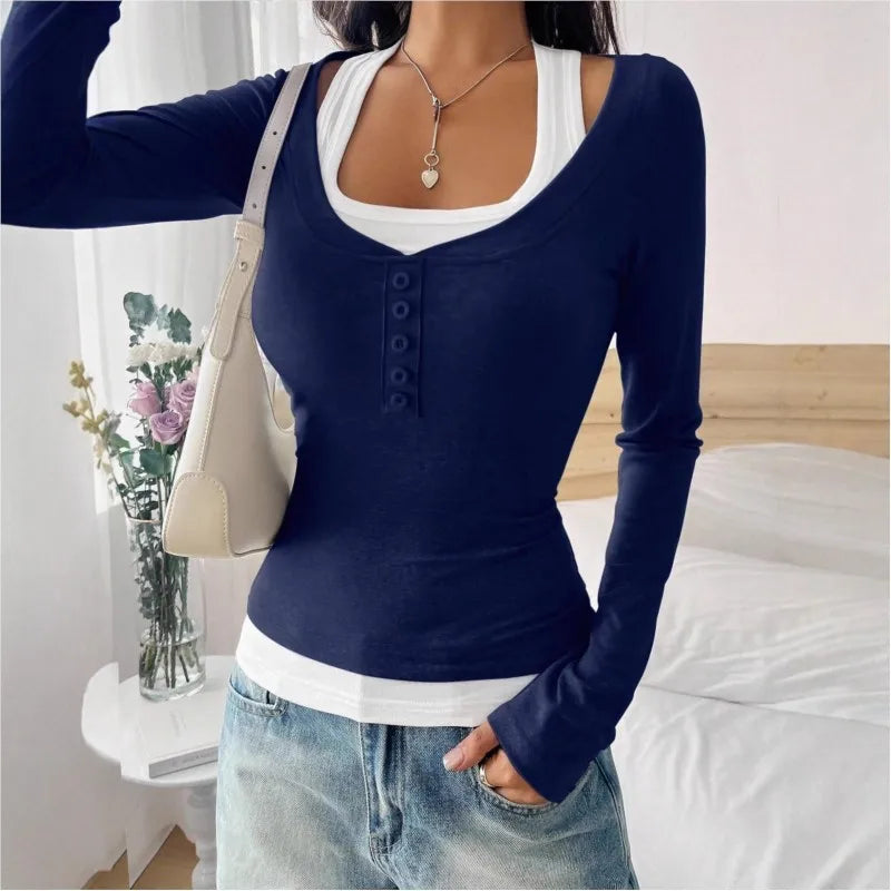 New Women's Blouses T-shirt Spring Fall Fashion Slim Halter Neck Fake Two-piece Stretch Long-sleeve Top Women Casual Clothing