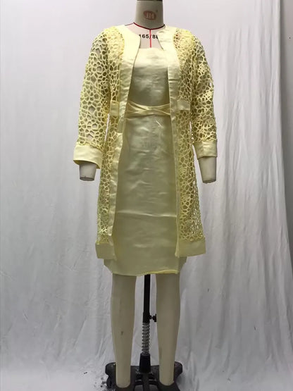 Wein Lace Cardigan Dress with Two Coats Lady Female Woman Skirt Dresses Coat Set Suit Hollow Out Cotton and Linen Formal Office