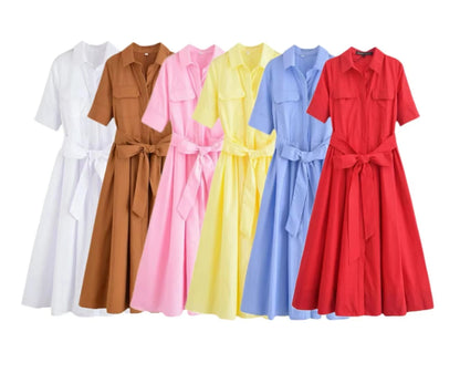 HH Woman Dresses Solid Turn-Down Collar Short Sleeve Pockets Bow Lace-Up Single-Breasted Female Fashion Long Dress 7 Color