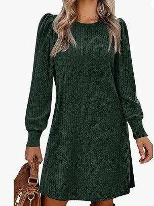 Elegant Dresses for Woman Ribbed Knit Sweater Dress Round Neck Puff Long Sleeves Casual Warm for Autumn and Winter
