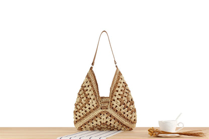Summer Bohemian Braided Handbag Casual Tote Hollow Straw Beach Bag Woven Shoulder Bag Raffia Rattan Shopping Travel Bag
