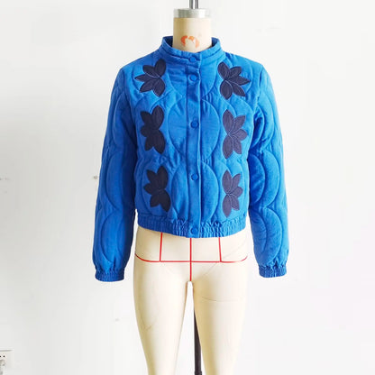 2025 Women's Crop Coat Fashion Warm Single Breasted Blue Embroidery Cotton Jackets Woman Autumn Winter Chic Outwear