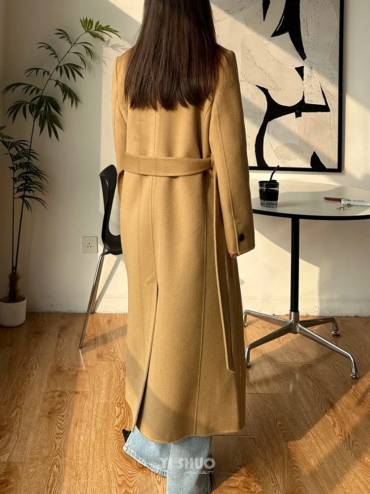 2025 New Women Elegant White Long Below The Knee Woolen Coat Winter Female High Sense Fashion Double-breasted Thicken Outwear