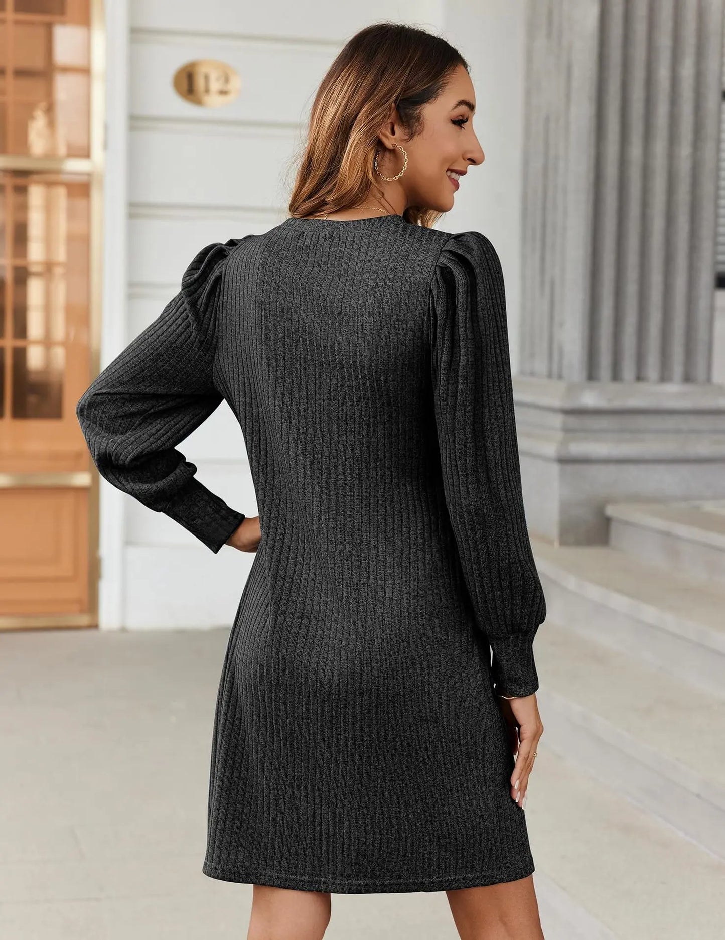 Elegant Dresses for Woman Ribbed Knit Sweater Dress Round Neck Puff Long Sleeves Casual Warm for Autumn and Winter