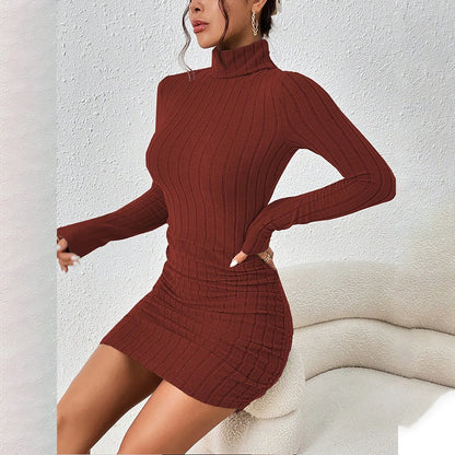 Knitted Bottoming Dress Women Elegant Party Autumn Winter Turtleneck Long Sleeves Sexy Sheath Mini Dresses Bodycon Club Dress