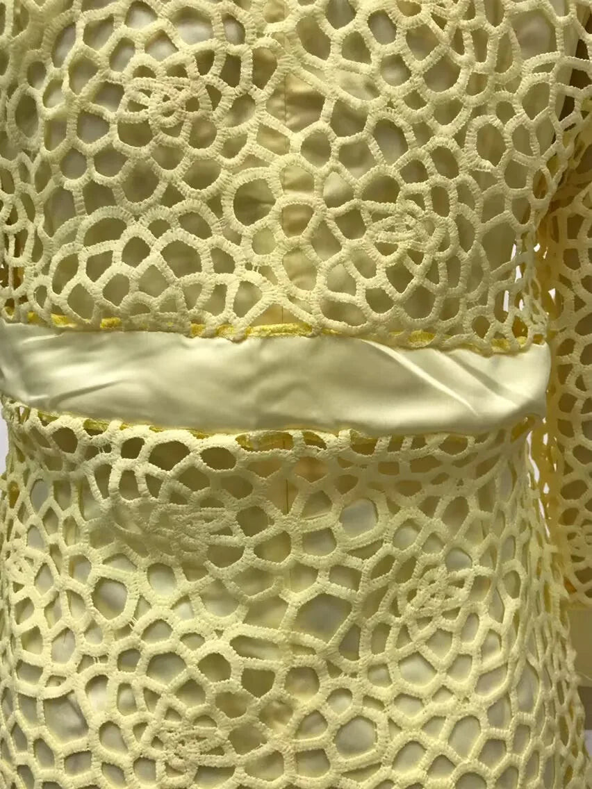 Wein Lace Cardigan Dress with Two Coats Lady Female Woman Skirt Dresses Coat Set Suit Hollow Out Cotton and Linen Formal Office