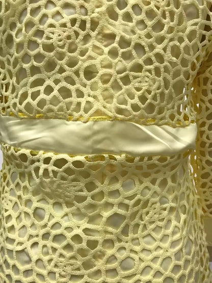 Wein Lace Cardigan Dress with Two Coats Lady Female Woman Skirt Dresses Coat Set Suit Hollow Out Cotton and Linen Formal Office