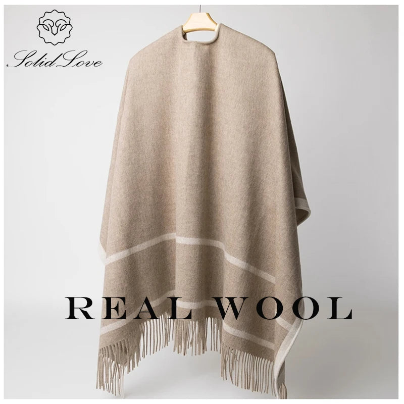 Fashion Clock Women Shawl Sweater 100% Wool Shawl Warm Female Mixed-use Cloak Autumn Winter Scarf French Tassel Cozy Wrap Clothi