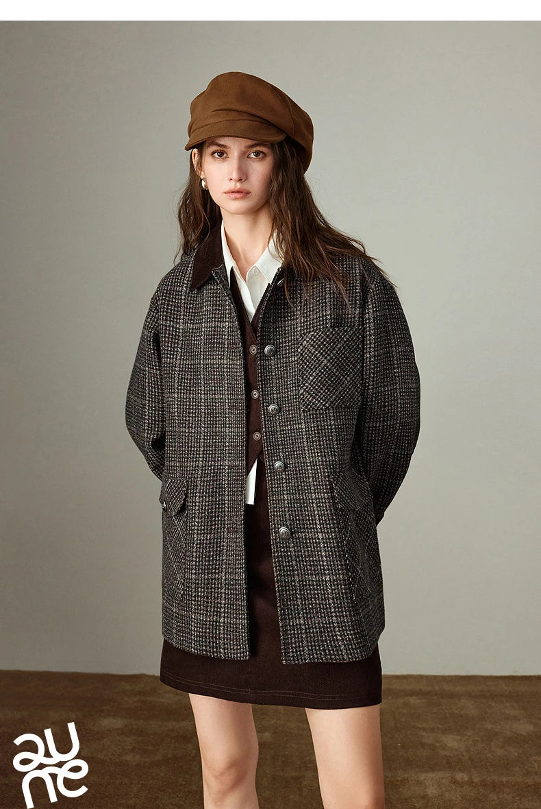 TOYOUTH Women Coat 2025 Winter New 100% Sheep Wool Corduroy Plaid Patterned Patchwork Woolen Coat
