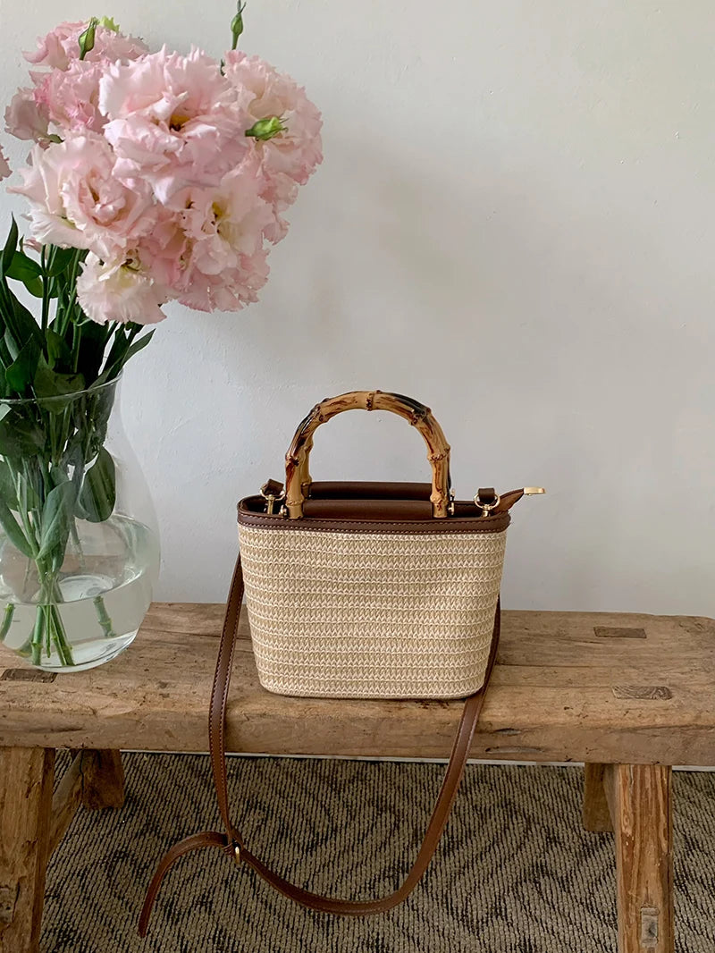 Simple Hand Knitted Women's Travel Handbags Fashion Wooden Handle Ladies Shoulder Bags Summer Straw Female Bucket Crossbody Bags