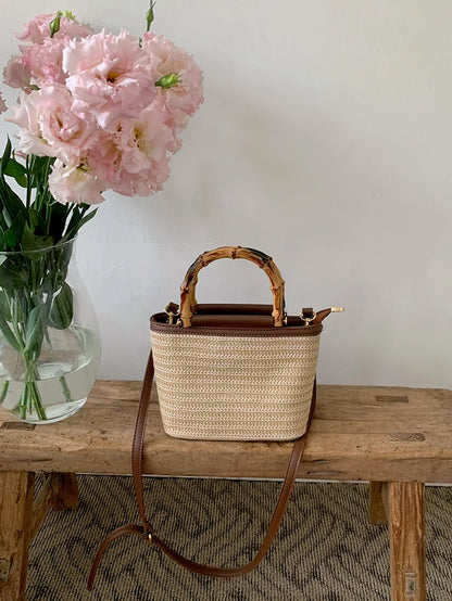 Simple Hand Knitted Women's Travel Handbags Fashion Wooden Handle Ladies Shoulder Bags Summer Straw Female Bucket Crossbody Bags