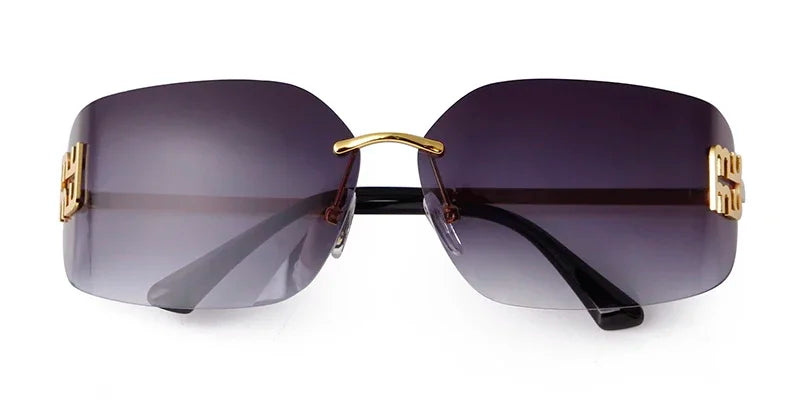 Luxury Metal Rimless Sunglasses Women Brand Design Rivets Letter Rectangle Curved Shades Funky Classic Sun Glasses Female