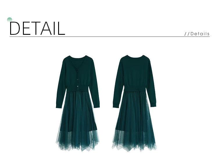 I BELIEVE YOU Dresses for Women 2025 Spring Retro V-neck Pullover Knitted Long Sleeve Patchwork Gauze Woman Clothes 2214133903