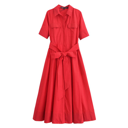 HH Woman Dresses Solid Turn-Down Collar Short Sleeve Pockets Bow Lace-Up Single-Breasted Female Fashion Long Dress 7 Color