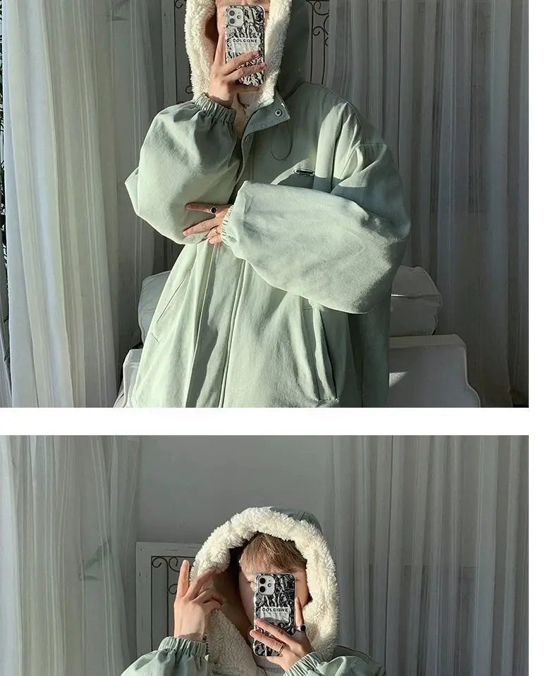 Lamb wool Jacket Women's 2025 Autumn winter New Korean version Loose Workwear Student cotton Jackets Female Hooded Warm Coat