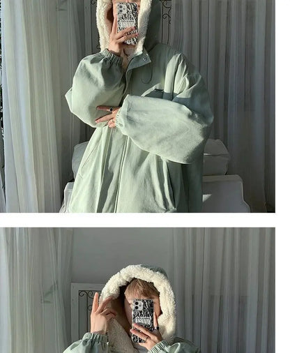 Lamb wool Jacket Women's 2025 Autumn winter New Korean version Loose Workwear Student cotton Jackets Female Hooded Warm Coat