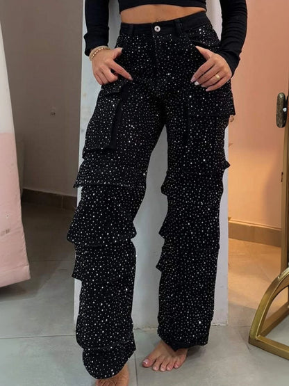High-Waist Rhinestone Multi-Pocket Jeans