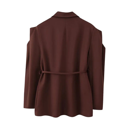 HH Woman's 2025 Autumn Fashion Long Sleeve Lapel Wide Shoulder Blazer Jacket Female Lace-up Single Buckle Exaggerated Coat