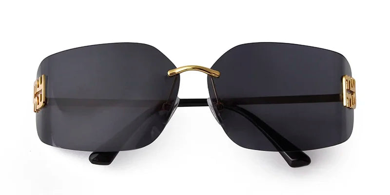 Luxury Metal Rimless Sunglasses Women Brand Design Rivets Letter Rectangle Curved Shades Funky Classic Sun Glasses Female