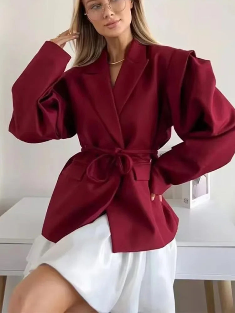 HH Woman's 2025 Autumn Fashion Long Sleeve Lapel Wide Shoulder Blazer Jacket Female Lace-up Single Buckle Exaggerated Coat