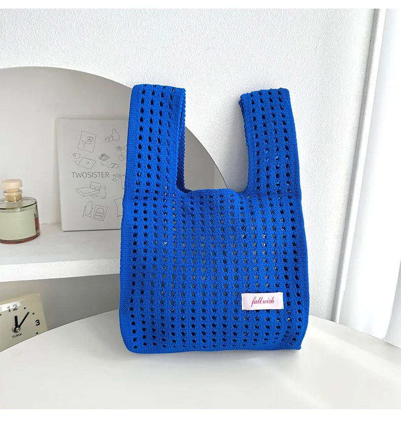 Handmade Knit Handbag Women Mini Knot Wrist-bag Female Casual Color Wide Stripe Plaid Tote Bag Student Reusable Shopping Bag