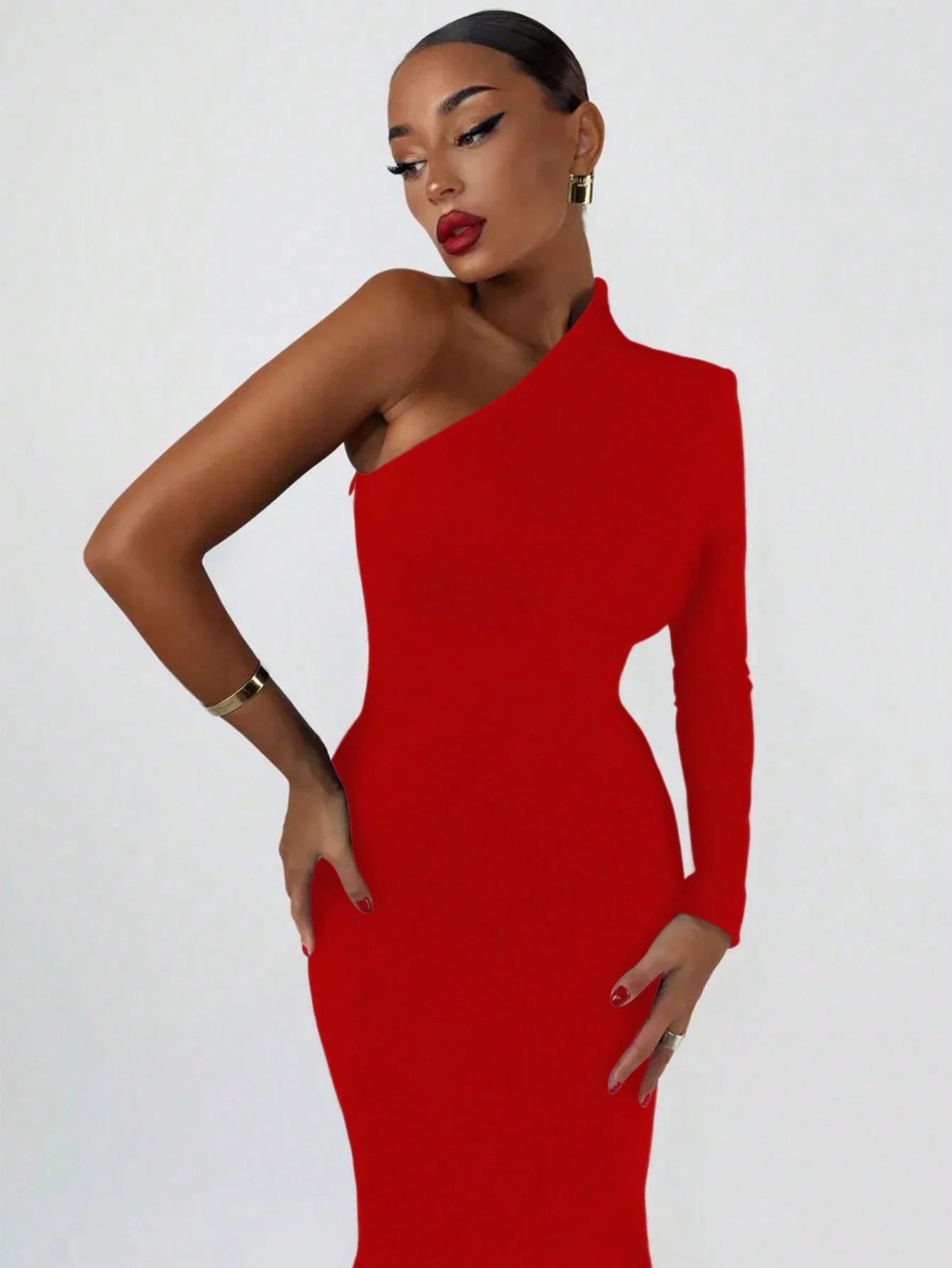 Women's Fashion Spring Summer Sexy Elegant Black Long Sleeve One Shoulder Long Bodycon Dress Party Cocktail Evening Dress Clothe