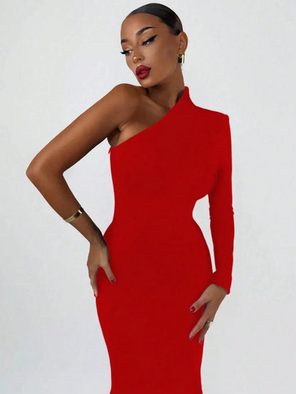 Women's Fashion Spring Summer Sexy Elegant Black Long Sleeve One Shoulder Long Bodycon Dress Party Cocktail Evening Dress Clothe