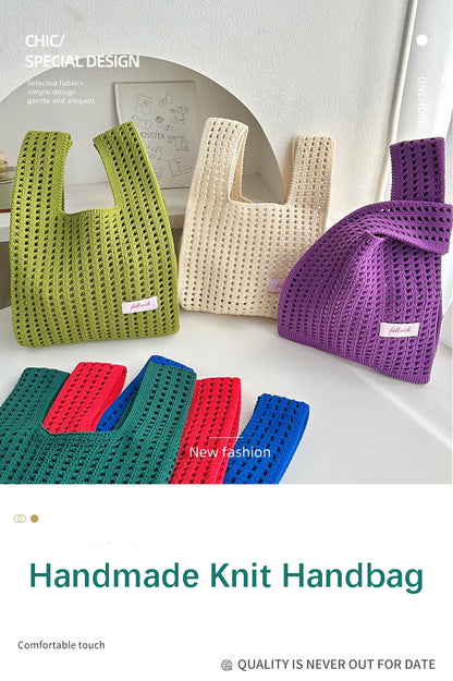 Handmade Knit Handbag Women Mini Knot Wrist-bag Female Casual Color Wide Stripe Plaid Tote Bag Student Reusable Shopping Bag