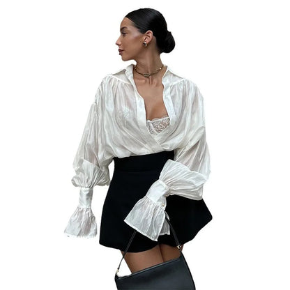 Women's Clothing 2025 Autumn New Sweet Fresh Loose Lapel Lantern Sleeve Long Sleeve Shirt Ladies Tops