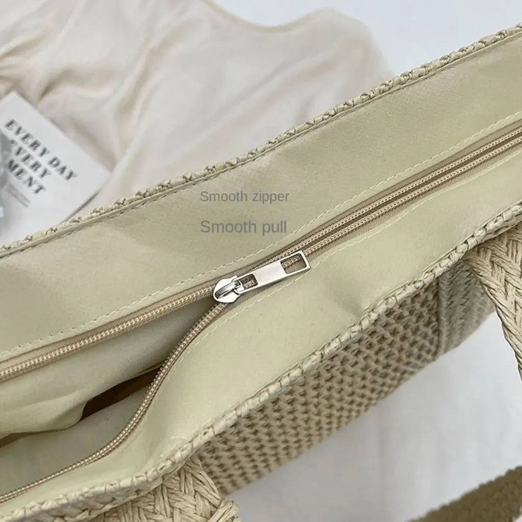 Straw Woven Shoulder Bags for Women Summer Beach Handbag with Tassel Female Fashion Handbag in Khaki Beige