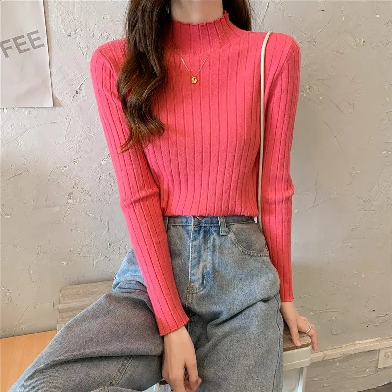 Woman Sweaters 2025 Autumn Winter Knitted Ribbed Turtleneck Sweater Women Clothes Long Sleeve Slim Basic Pullover Solid Tops