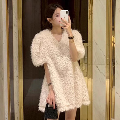 Clothland Women Elegant White Black Fur Dress V Neck Short Sleeve A Line Party Event Club Mini Dresses Vestido QD305